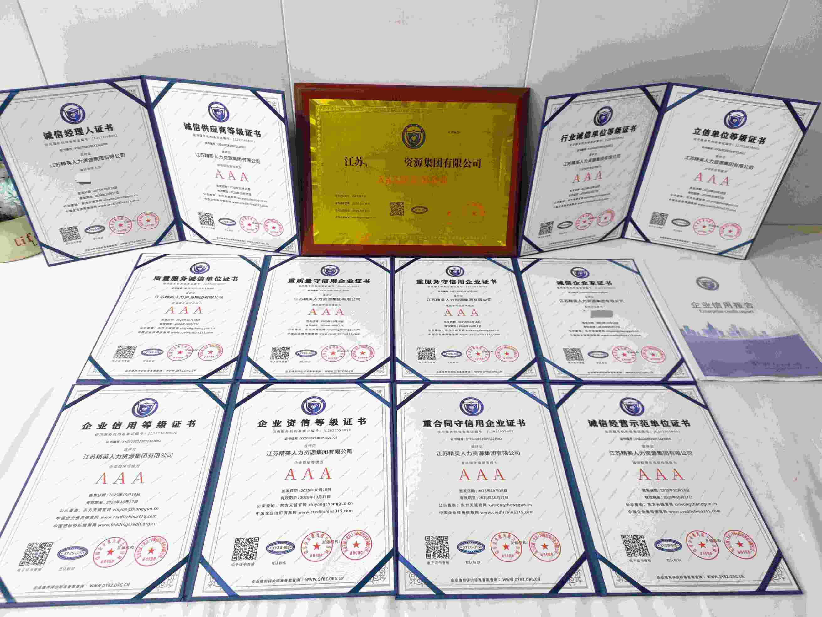 恭喜江苏精英人力资源集团有限公司顺利通过AAA信用认证, 江苏精英人力资源集团有限公司办理AAA信用等级证书
