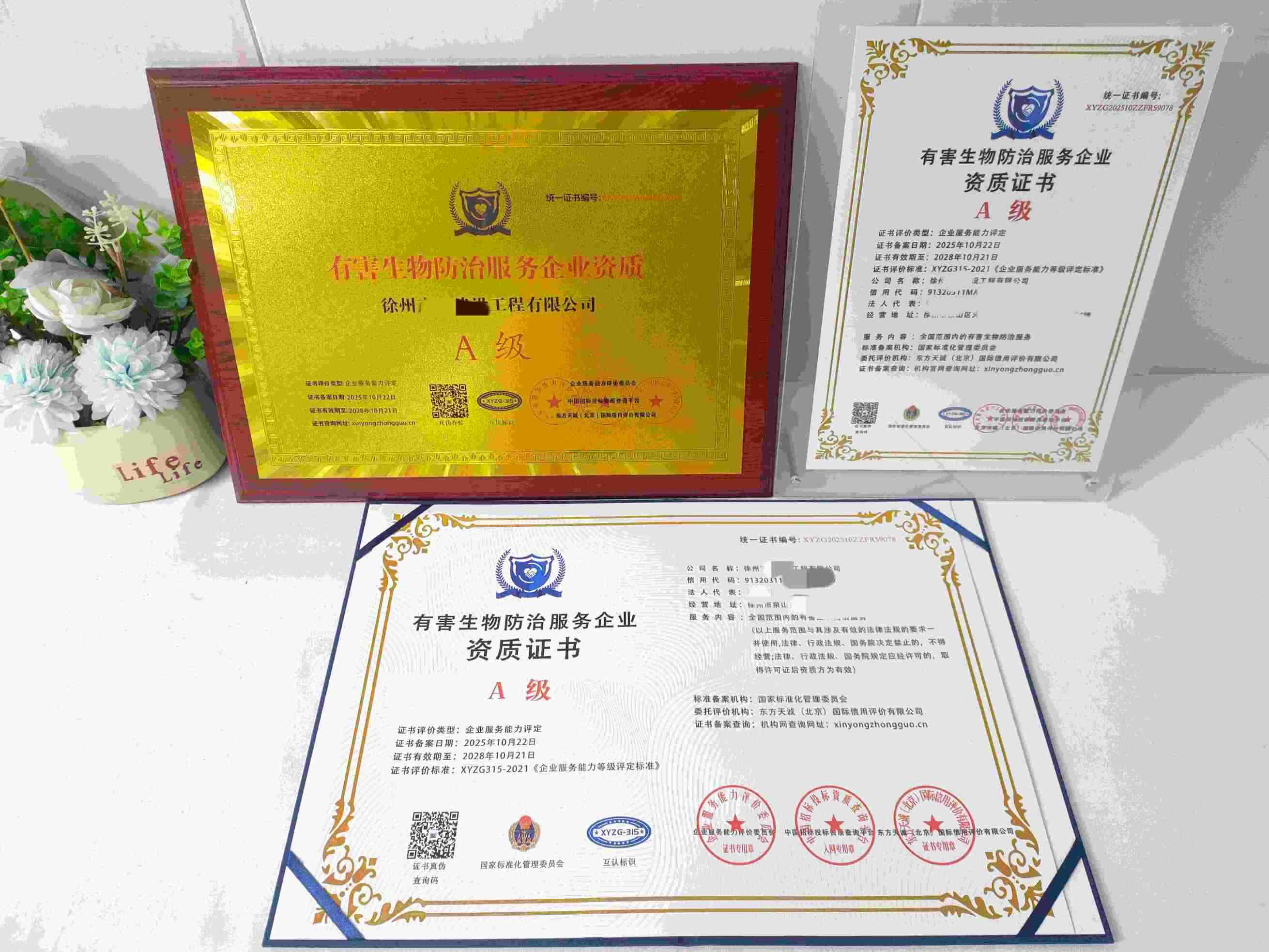 恭喜徐州京口建设工程有限公司顺利通过有害生物防治服务企业资质认证,徐州京口建设工程有限公司办理有害生物防治服务企业资质证书